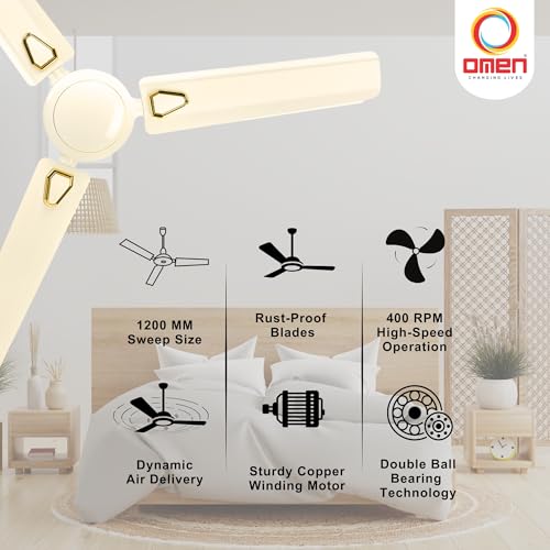 Image of Omen Changing Lives 1200mm Aeroclassic Deco Ceiling Fan | Stylish & Powerful Decorative Fan | BEE Star Rated for Energy Efficiency | High Air Delivery | 400 RPM Speed | 2-Year Warranty | (Ivory)