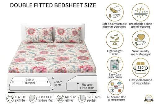 Image of King Elastic Fitted Sheet - Glace Cotton Material, Fits 8 Inch Mattress, 1 Double Bed Sheet + 2 Pillow Cases Pink Suraj mukhi