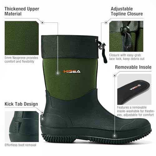 Image of HISEA Unisex Mid Calf Rubber Garden Boots Waterproof Rain Boots Neoprene Outdoor Work Muck Riding Boots for Women Men