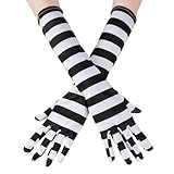 obmwang White and Black Striped Costume Gloves Elbow Length Party Gloves for Women Halloween Cosplay Party