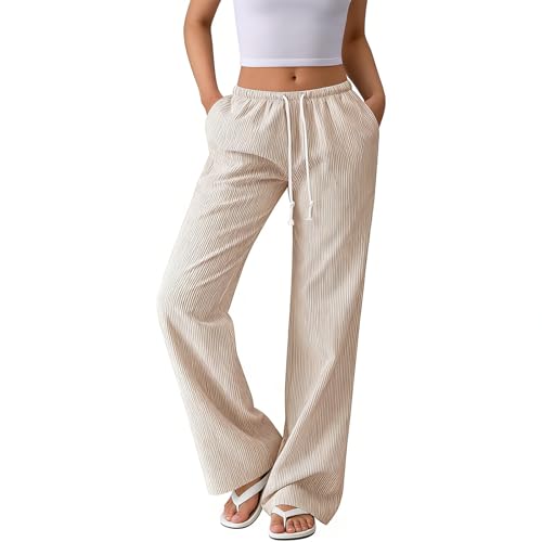 Esesoul Womens Striped Wide Leg Linen Pants Elastic Waist Drawstring with Pockets Casual Lounge PJ Beach Pants for Summer Brown