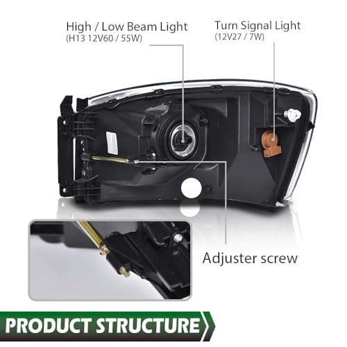 Image of GRAND ORANGE Headlight Assembly w /Bulbs Compatible with Dodge Ram 1500 Truck 2006-2008 /Fit Dodge Ram 2500 3500 Truck 2006-2009 Right Side Clear Lens Chrome Housing Amber Reflector