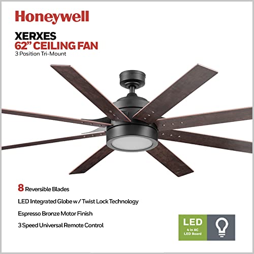 Image of Honeywell Ceiling Fans Xerxes Modern 62 Inch Ceiling Fan with Light, Remote Control Fan, LED Indoor Fan with 8 Blades, Dark Elm and Rough Pine Blade Finish Options, Bronze (50609-01)