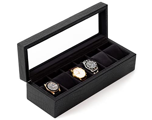 CASE ELEGANCE Uhrenschatulle in Elegantem, Schwarzem, Kunst-Krokodilleder mit Echtem Glas Cover