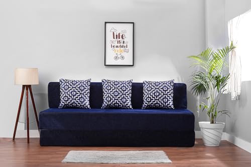 Image of Convertible Fabric Sofa Cum Bed | Foldable Double Foam & Washable Cover with Cushions | Modern Design Use Living Room & Guest Room (Moshi-Blue-Multi-Square, 6X6 Ft)