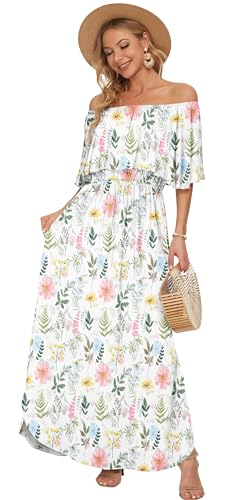 Image of AUSELILY Womens Off Shoulder Ruffle Split Summer Maxi Dresses with Pockets | Off-shoulder Ruffle dress with empire waist & side split for summer beach and casual parties