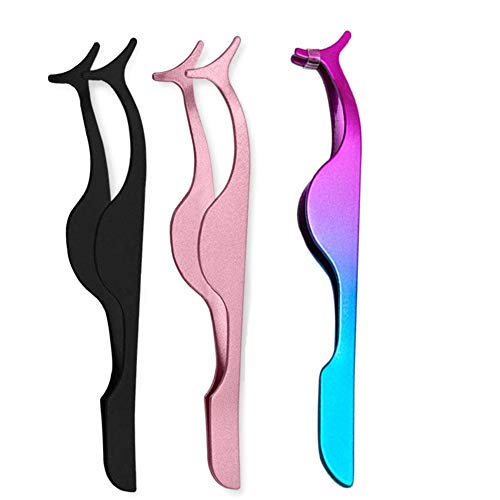 Eyelashes Tweezers Professional Eyelash Extension 3PCS False Eyelash Applicator Tool Remover Clip Stainless Steel(Black, Champagne Purple,Assorted Color)