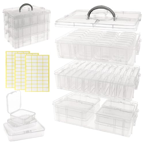 Image of Egaageoi 3-Tier Stackable Bead Organizer with Portable Handle and Labels | Bead Storage with 58 Small Clear Containers with Lids for Craft Supplies, Jewelry Making, Diamond Painting, Nail Art Supplies