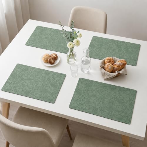 Image of Yelona Premium Faux Leather Placemat Set of 4 | Printed Floral Design, Waterproof & Heat Resistant Table Mat | Non-Slip, Washable for Dining, Kitchen & Home Decor (Green, 43 x 30 cm)