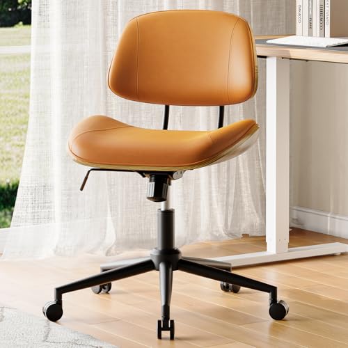 Image of Armless Office Chair with Wheels, PU Leather Adjustable Height Desk Chair - 360 Swivel Ergonomic Computer Chair for Small Space, Modern Walnut Style, Home & Meeting Room, Brown