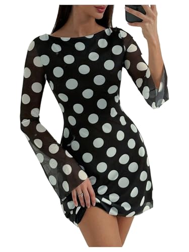 Image of GORGLITTER Women's Bell Long Sleeve Mini Dress Y2k Fall 2025 Mesh Boat Neck Going Out Club Bodycon Short Dress
