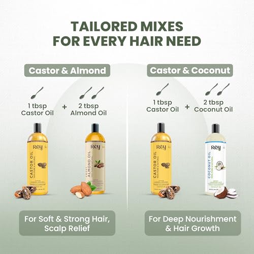 Image of Rey Naturals Hair Oil Combo - Cold Pressed Castor Oil, Virgin & Pure Coconut oil & Sweet Almond Oil For Hair, Skin & Face - 200ml Each | For Hair Growth, Hairfall Control, Eyebrow & Eyelashes