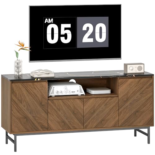 HOMCOM Meuble TV jusqu'à 65 Pouces Meuble télé Bois avec Compartiment Ouvert, Portes, étagères réglables et Passe-câbles, Banc TV Moderne Effet marbre...