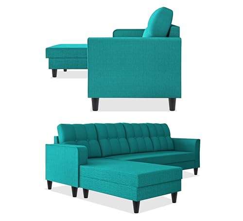 Image of Adorn India Maddox Tufted L Shape 5 Seater Sofa Set LHS (Aqua Blue) (3 Year Warranty)