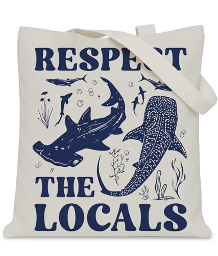 LNGORUS Shark Lover Gift for Women Girls Respect The Locals Tote Bag for Shark Lover