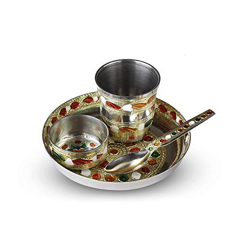 Image of Rolimoli Steel bhog thali Set of 4 pcs for laddu gogal bhog thali with Glass Bowl and Spoon Stainless Steel