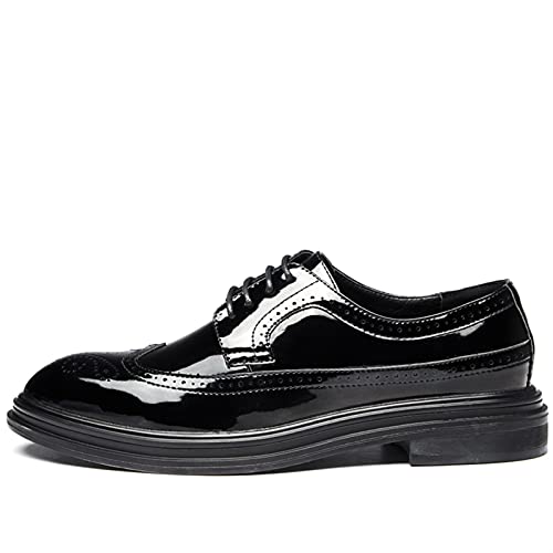 Battle Men Vegan Patent Leather Oxfords for Men Brogues Wingtips Round Toe Lace up Shoes Slip Resistant Block Heel Solid Color Formal Men2