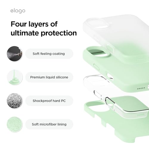 Image of elago Compatible with iPhone 16 Case, Premium Liquid Silicone Case, Full Body Protective Cover, Shockproof, Slim Phone Case, Anti-Scratch Soft Microfiber Lining, 6.1 inch (Soft Mint)