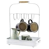 AuldHome Design Enamelware Coffee Mug Rack, Countertop Style White Rustic Distressed Cup Hanging Stand w/Tray