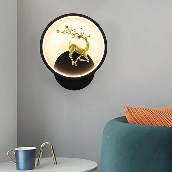 Image of Home Decore Led Fancy Wall Light,Night Lamp,Decorative Lamp,Wall Hanging Lights for Bedroom,Living Room,Color(Warm White+Natural White+Cold White).(Black Round Deer)