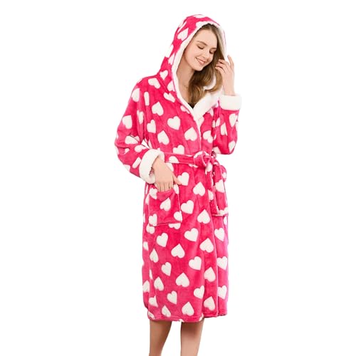 HEARTNICE Womens Flannel Hooded Robes, Soft Warm Long Printed Fluffy Women Bathrobe with Pockets for Shower House Loungewear(Rose,S/M)