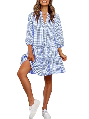 Robe d'été décontractée à carreaux pour femme, ourlet à volants, manches 3/4, boutonnée, fluide mi-longue, longueur genou, bleu, M