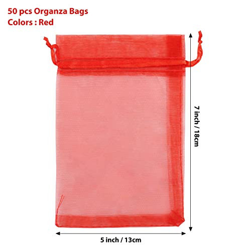 Image of ANZNKU 50PCS Premium Red Organza Bags 5x7 inches Mesh Bags Drawstring, Small Gift Bag for Birthday Party Wedding Favors, Sheer Mesh Pouches Drawstring for Easter Gifts