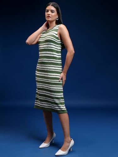 Image of Tokyo Talkies Women Tofu & Jet Black Sleveless Striped Sheath Sweater Dress