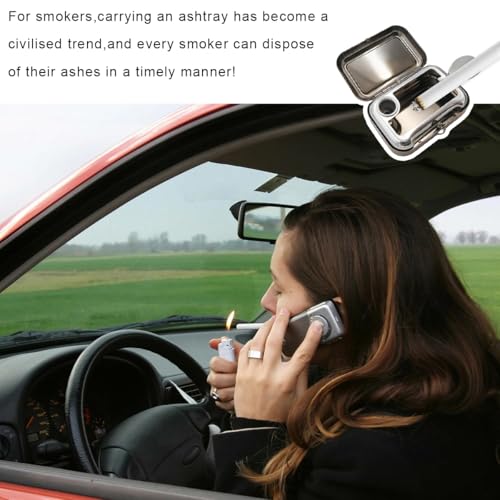 Image of Mini Portable Ashtrays, Metal Pocket Dustproof Car Ash Tray with Lid, Compact Square Windproof Car Cigar Ashtrays, Decorative Cigarette Snuffers Ashtray for Car Home Office (Black)