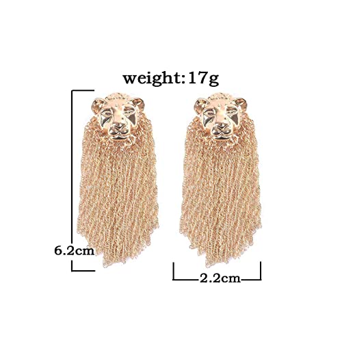 Boucles d'oreilles tête de lion en or à franges longues pendantes