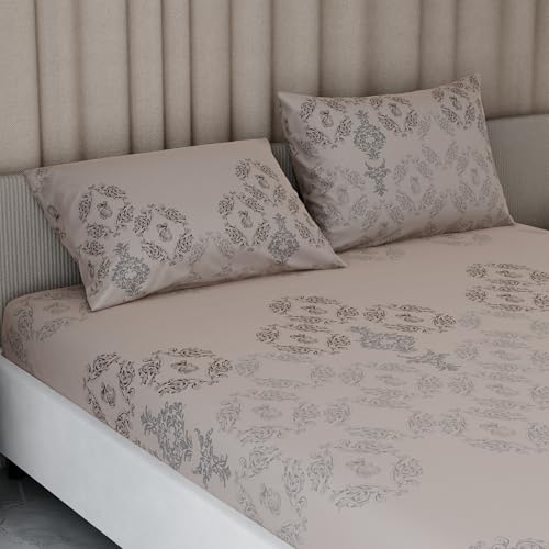 Image of BLISSHOME Everlast 150TC King Size Fitted Bedsheet with 2 Pillow Covers, Aesthetic Bedding, Wrinkle Resistant, 100+ Wash Durable, Quick Dry, Elegant Ornate Pattern - Champagne (183cm x198cm+25cm Drop)
