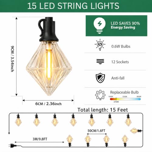 Image of One94Store Diamond Shape Outdoor String Lights | 5 Meter with 12 Warm White LED Bulbs | Waterproof Decorative Fairy Lights for Balcony, Garden, Porch & Home Decor