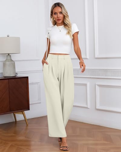 Neer Women's Wide Leg Dress Pants, High Waisted Elastic in The Back Work Trousers with Pockets Business Casual Office Slacks4