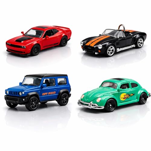 Image of 4 PCS Diecast Car Set 1:64 Scale - Dodge Challenger (Opening Doors) + Shelby Cobra + Jimny SUV + Classic Beetle | Metal Toy Cars | Mini Collectible Cars for Kids Boys & Collectors