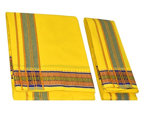 Image of TUNI MANI Men's Panchakacham Dhoti with Angavasthram with Zari Border, Cotton, Size: 9 X 5 (4.0mtr Dhoti, 2.25mtr Towel)