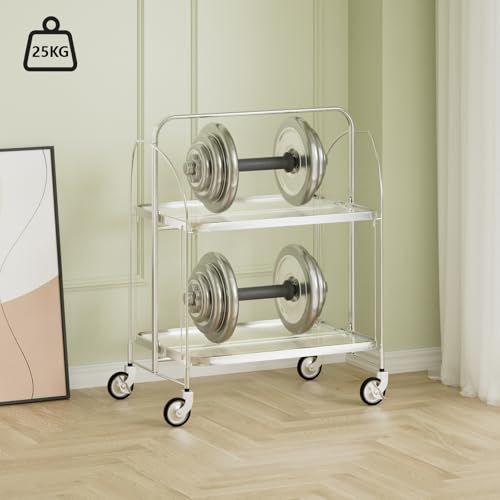 Servierwagen mit Rollen, Servierwagen Klappbar, Dinett 2 Tier Ablagekorb aus Temperglas with Wheels, für Küche, Barwagen, Rollwagen Metall, Teewagen, Weinwagen, moderner Getränkewagen