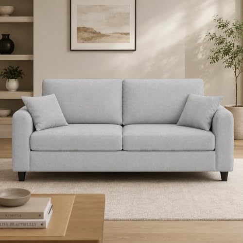 Image of FURNY Lean Luxury 4 Seater Lounger Sofa Set with Adjustable Backrest & Suri Pouf Ottoman, 40D High-Density Foam & Soft Boston Fabric for Living Room & Hotels & Studio Apartments - Light Grey