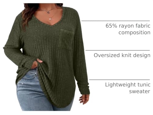 Image of Koscacy Women Plus Size Casual Knit Sweater with Pocket V Neck Solid Color Tops Lightweight Long Sleeve Blouses