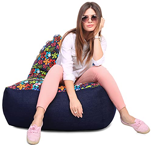 Image of Style Homez Urban Design Denim Canvas Floral Printed Chair Bean Bag XXL Size Filled with Beans Fillers