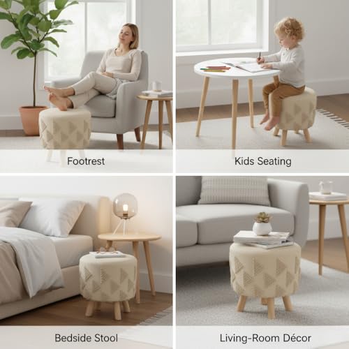 Image of APRODZ Printed Ottoman Stool Upholstered Foam Cushioned Pouffes for Living Room | Puffy Muddha Stool for Footrest & Sitting, Velvet Pouf Stool, Furniture for Home Decor, Office Set of 2(Cream)