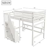 Etagenbett 140x200, Kinderbett Hochbett mit Treppe und Aufbewahrungsschrank, Funktionsbett Doppelbett Stockbett Spielbett Kinderhochbett Jugendhochbett mit Lattenrost, Massivholz, Ohne Matratze, Weiß