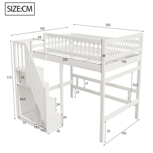Etagenbett 140x200, Kinderbett Hochbett mit Treppe und Aufbewahrungsschrank, Funktionsbett Doppelbett Stockbett Spielbett Kinderhochbett Jugendhochbett mit Lattenrost, Massivholz, Ohne Matratze, Weiß