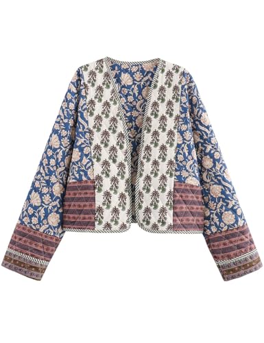 Flygo Women Cropped Puffer Jacket Cardigan Floral Printed Quilted Coats