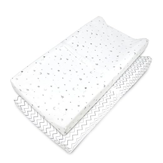 American Baby Company 2 Pack Printed 100% Natural Cotton Jersey Knit Fitted Contoured Changing Table Pad Cover, Grey Stars and Zigzag, Soft Breathable, Boys and Girls