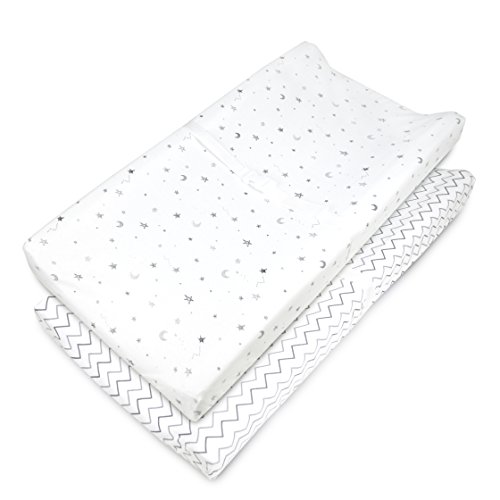 Image of American Baby Company 2 Pack Printed 100% Cotton Knit Fitted Contoured Changing Table Pad Cover - Compatible with Mika Micky Bassinet, Gray Stars and Zigzag, for Boys and Girls