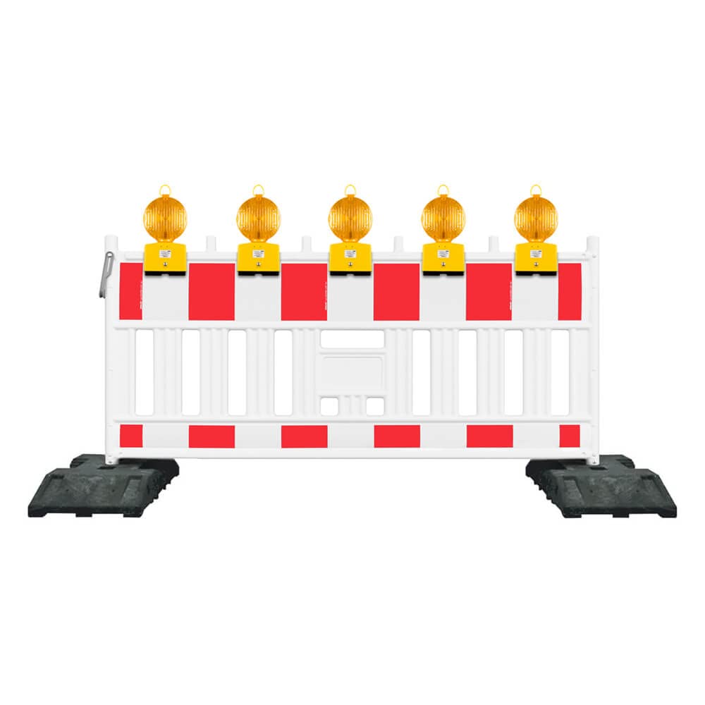 Absperr-Set, 2 m EURO1 Schrankenzaun, Fußplatten + 5 Blitzleuchten Gelb + ZTV-SA aus Kunststoff, Art.-Nr. 608008 | Schrankenzaun | Absperrschranke | Absperrzaun