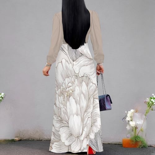 Image of Women's Plus Size Maxi Dresses Long Sleeves V Neck Floral Print Bohemian Swing Long Dress with Belt
