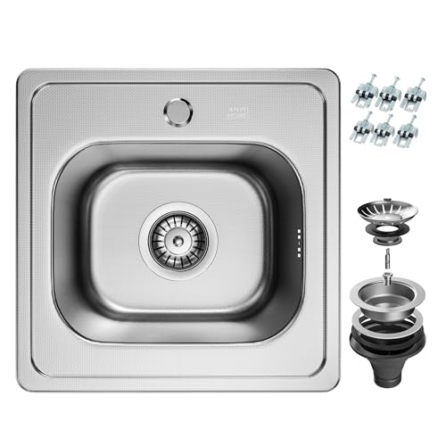 ANW HOME Évier encastrable en acier inoxydable 38x38 cm profondeur 18 cm finition décor 1 bac évier de cuisine avec siphon et bonde d’évacuation