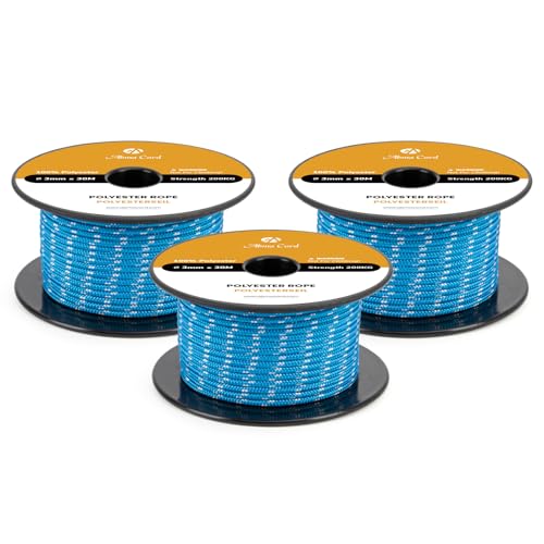 Abma Cord Polyester Cord 3mm x 30m Braid Polyester Rope, Blue/White - Heavy Duty & Low Stretch - High UV & Abrasion Resistance