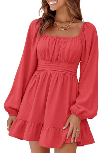 Image of Dokotoo Womens Dress Lantern Sleeve Elastic Waist Tie Backless Mini Dress | Square Neck,Off Shoulder,Flowy,Ruffle A-Line,Casual,Mini Dress,Beach Vacation Clothes,Fall Outifits,Wedding Guest,Boho